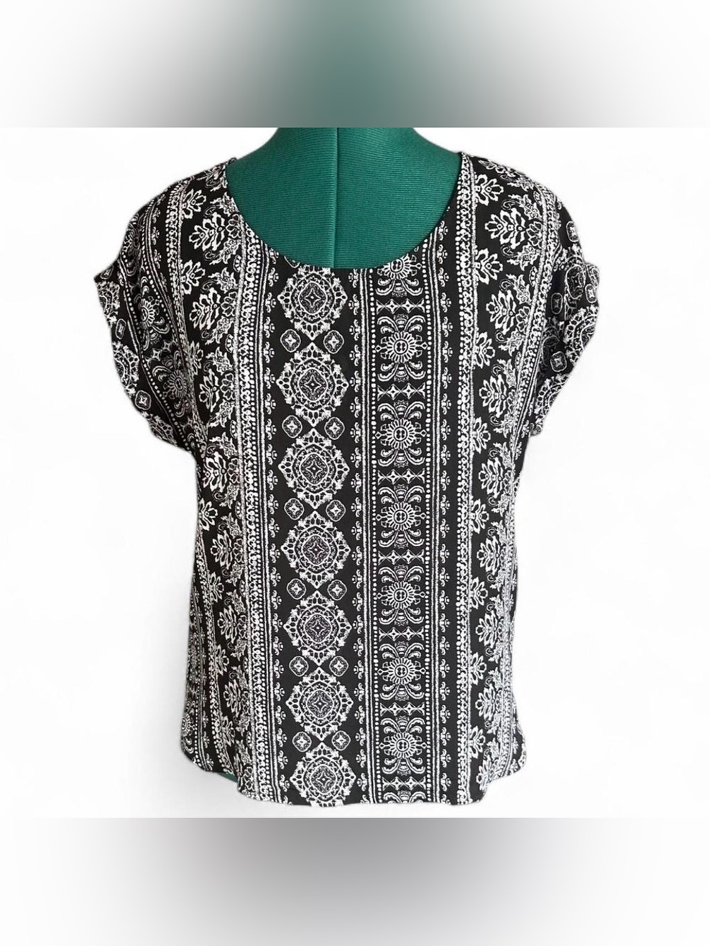 Pink Rose Black and White Printed Cap Sleeve Blouse